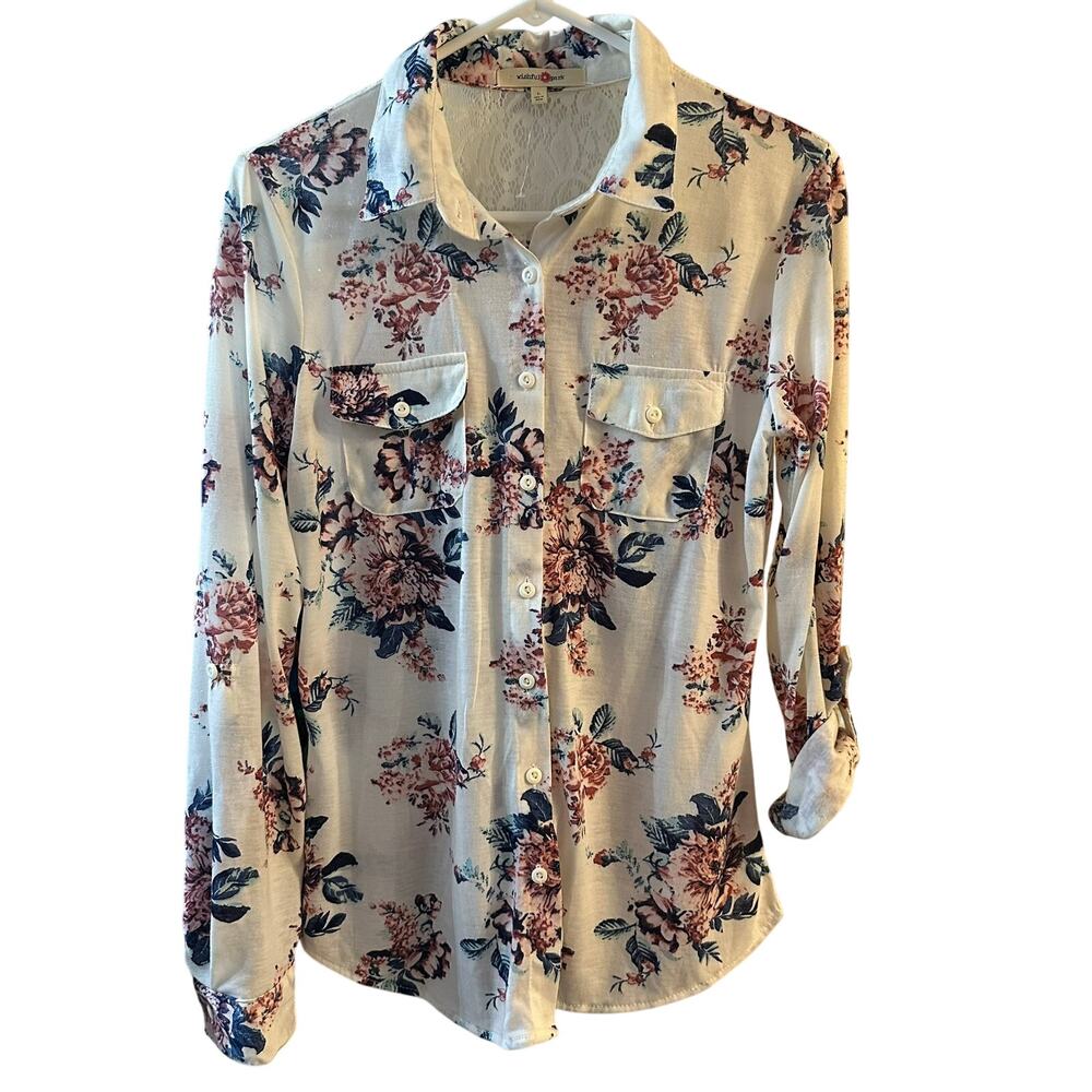 Wishful Park Ivory Floral Lace Button Up Blouse Adjustable Sleeves Size Large